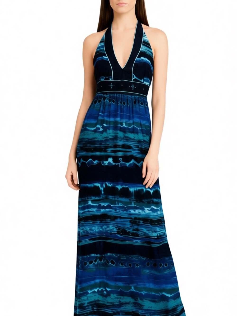 New Directions Halter Top Maxi Dress Navy Blue Multi Striped Women's Size 8 NWT